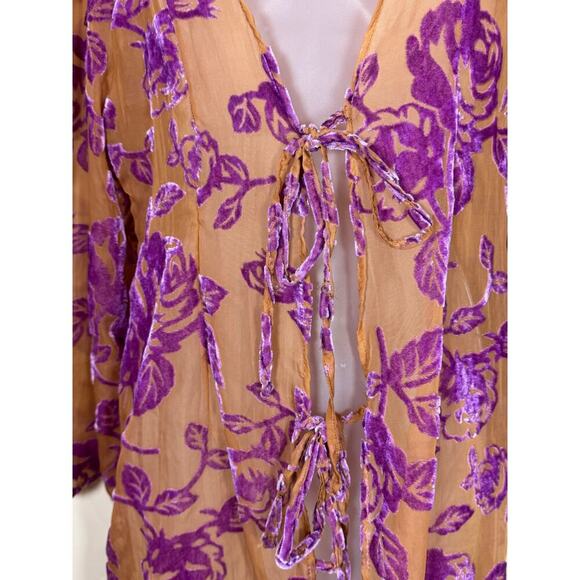 NWT Velvet Burnout Floral Swim cover Robe Lightweight Sheer M Tie Front 90s Y2K - Picture 3 of 9